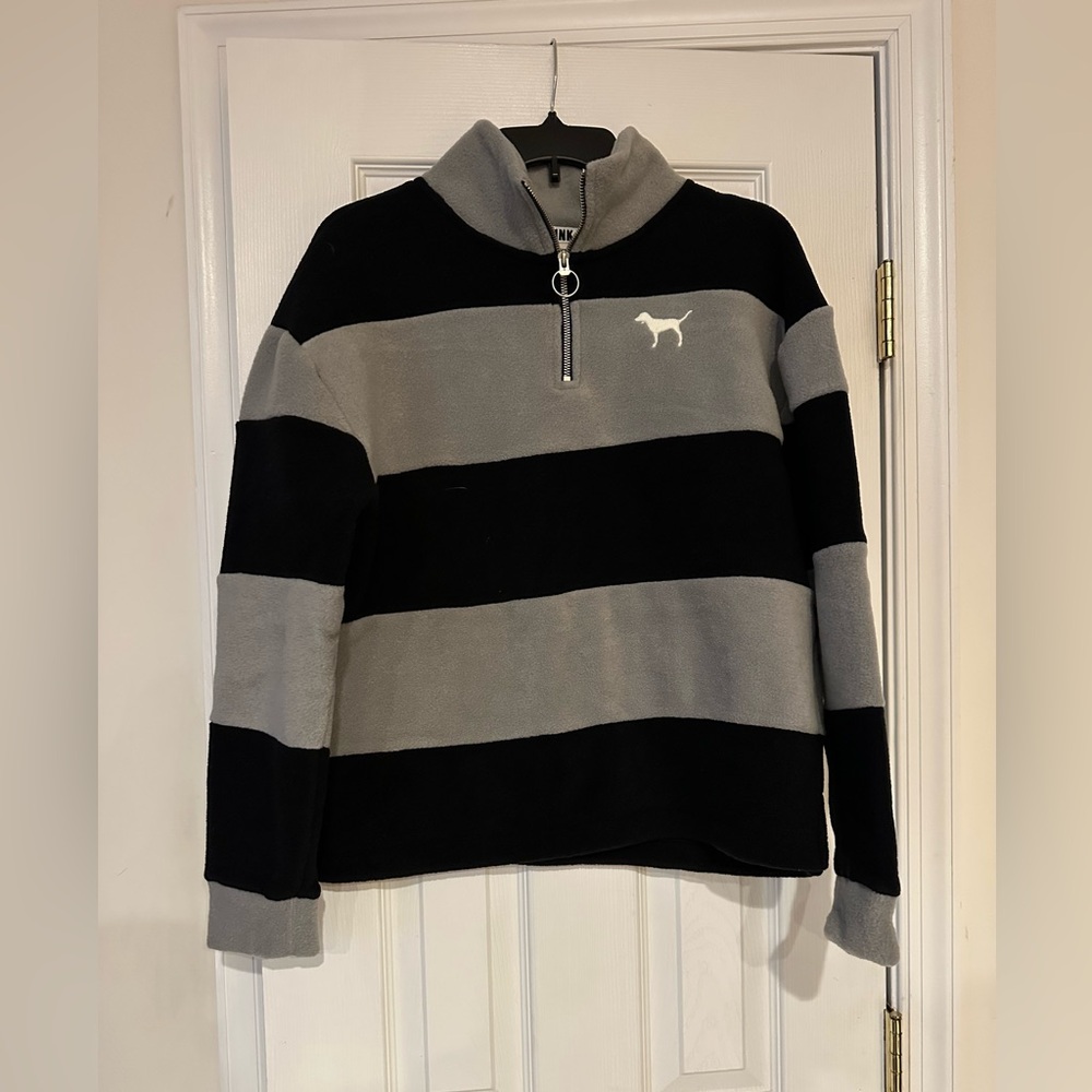 NEW Victorias Secret PINK BLACK and GRAY Striped Polar Fleece Pullover SMALL